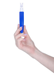 Pen corrector for correction mistake in hand on white background isolation