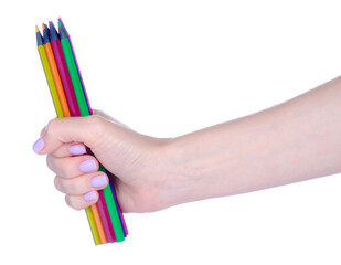 Colorful drawing pencils in hand on white background isolation
