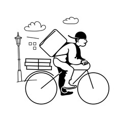 Delivery man on bike on background of urban landscape. Courier on bicycle with parcel box. Hand drawn vector illustration.