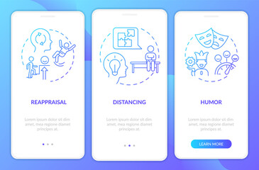 Cognitive change blue gradient onboarding mobile app screen. Self regulation walkthrough 3 steps graphic instructions with linear concepts. UI, UX, GUI template. Myriad Pro-Bold, Regular fonts used