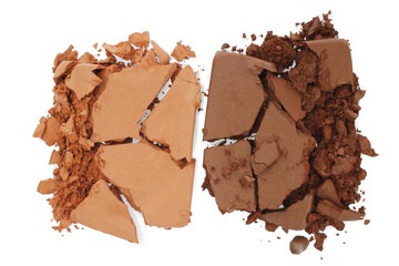 Broken and smashed make-up eyeshadow pallete on white background, top view