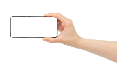 Hand holding modern Smart Phone, isolated on white background
