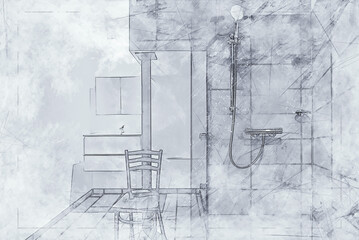 Illustration of a shower bathroom with stone tile in washroom