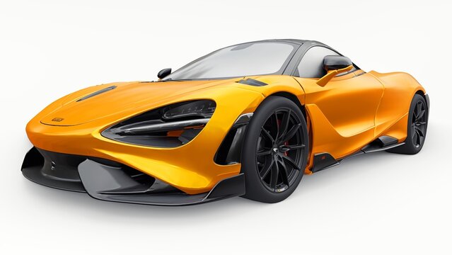 Dallas. USA. July 20, 2022. Orange McLaren 765LT. Super sports car 3d model isolated on white background. 3d rendering.
