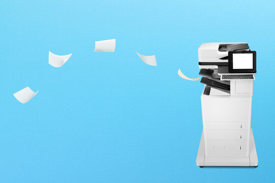 Professional Office Copier With Flying Papers On Blue Background