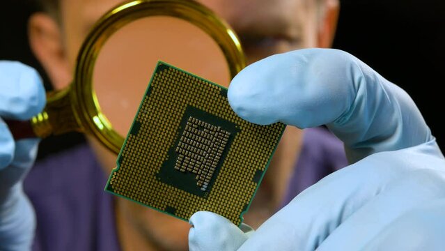 The engineer examines the cpu crystal through a magnifying loupe for damage. Close-up, selective focus.