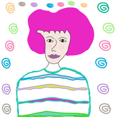 Lady with pink hair in cartoon character,hipster woman,hand drawn on white background