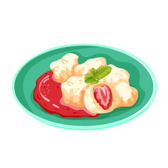 Czech dish dumplings with strawberries in flat style. Vector food illustration isolated on a white background.