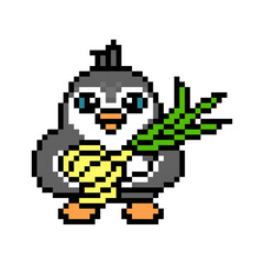 Penguin with a spring onion, cute pixel art animal character isolated on white background. Old school retro 80s, 90s 8 bit slot machine, computer, video game graphics. Cartoon cook or farmer mascot.