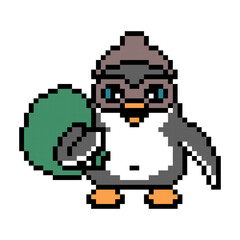 Fototapeta premium Pixel art penguin thief in an eye mask and beanie hat with a money bag isolated on white. 8 bit animal bank robber. Old school vintage retro 80s, 90s 2d computer, video game, slot machine graphics.