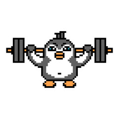 Penguin bodybuilder working out with a barbell, pixel art animal character on white background. Retro 80s, 90s 8 bit slot machine, video game graphics. Strength training mascot. Powerlifting logo.