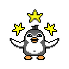 Obraz premium Penguin showing 3 stars, pixel art animal character isolated on white background. Retro 80s, 90s 8 bit slot machine, video game graphics. Cartoon winner bird mascot. Rating symbol. High quality logo.