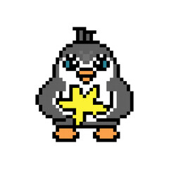 Obraz premium Penguin holding a star, pixel art animal character isolated on white background. Retro 80s-90s 8 bit slot machine, video game graphics. Cartoon winner mascot. Bird with a yellow starfish.Birthday gift