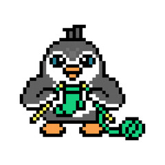 Obraz premium Penguin knitting a sock with two needles and a ball of yarn, pixel art animal character on white background. Retro 80s, 90s 8 bit slot machine, video game graphics. Cartoon handmade hobby mascot.