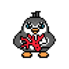 Fototapeta premium Penguin with a precious red coral, pixel art animal character isolated on white background. Old school retro 80s, 90s 8 bit slot machine, video game graphics. Cartoon mascot. Sea treasure gift.