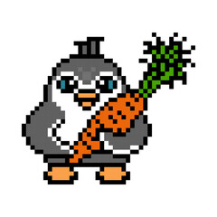 Penguin with a big carrot, cute pixel art animal character isolated on white background. Old school retro 80s, 90s 8 bit slot machine, computer, video game graphics. Cartoon cook or farmer mascot.