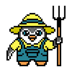 Obraz premium Penguin farmer with a pitchfork, pixel art animal character isolated on white background. Old school retro 80s, 90s 8 bit slot machine, video game graphics. Cartoon farm worker with a hay fork mascot.