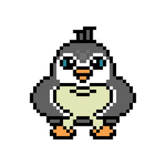 Penguin holding a big tooth, pixel art animal character isolated on white background. Old school retro 80s, 90s 8 bit slot machine, video game graphics. Cartoon dentist bird mascot. Stomatology logo.