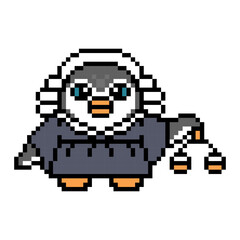 Fototapeta premium Penguin judge in a robe and wig holding scales, pixel art animal character isolated on white background. Retro 80s-90s 8 bit slot machine, video game graphics. Cartoon court mascot. Justice symbol.