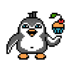 Obraz premium Penguin with a cherry cupcake, cute pixel art animal character isolated on white background. Old school retro 80s, 90s 8 bit slot machine, computer, video game graphics. Cartoon bakery mascot.