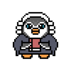 Penguin judge in a robe and wig holding a Holy Bible book, pixel art animal character on white background. Retro 80s-90s 8 bit slot machine, video game graphics. Cartoon court mascot. Justice symbol.