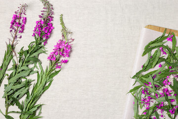 Herbal tea from kipreya leaves drying on wooden try on linen fabric table background, fireweed green leaves and flowers. Flavored herbal tea from natural wild plants, healing beverage.
