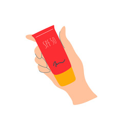 Female hand holding a lotion tube. Sunscreen Moisturizer, Sunblock, skin protection and UV rays blocking concept. Flat Vector illustration. For poster,  print template or design