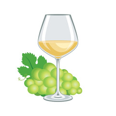 Glass of white wine and green grapes icon vector. Glass of white wine and bunch of grapes still life vector illustration isolated on a white background. White wine drink drawing