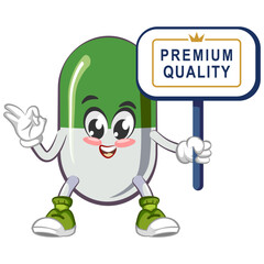 vector illustration of cute capsule mascot with sign board says permium quality