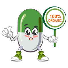 vector illustration of cute capsule mascot with sign board says 100% organic