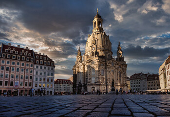 Frauenkirche Dresden, Germany in front of a dramatic Sky in the evening