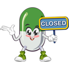 vector illustration of cute capsule mascot with sign board says closed