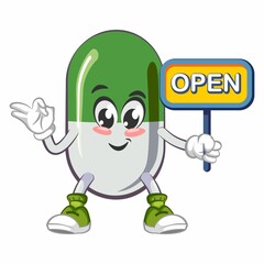 vector illustration of cute capsule mascot with sign board says open