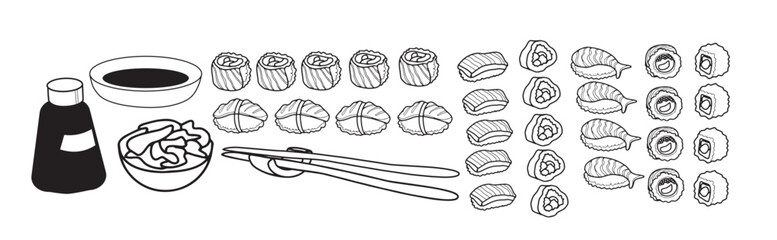 Line sushi and rolls icon set. Doodle vector illustration.