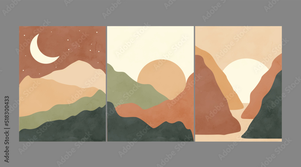 Wall mural modern abstract minimalist landscape posters. desert, mountains, sun and moon. day and night scene. 