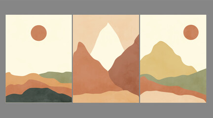 Modern abstract minimalist landscape posters. Desert, mountains, sun and moon. Day and night scene. Pastel colors, earth tones. Boho mid-century  art print. Flat design. Stock vector illustration