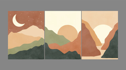 Modern abstract minimalist landscape posters. Desert, mountains, sun and moon. Day and night scene. Pastel colors, earth tones. Boho mid-century  art print. Flat design. Stock vector illustration