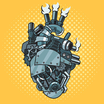 mechanical iron artificial heart steampunk pop art retro vector illustration. Comic book style imitation.