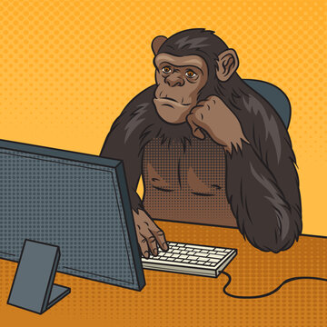 Monkey Chimp Sitting At Computer Doing Monkey Business Pop Art Retro Vector Illustration. Comic Book Style Imitation.