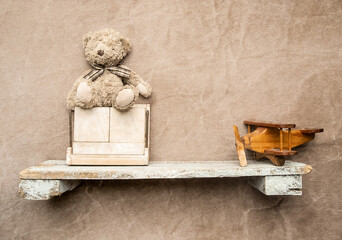toys on a wooden shelf as digital backdrop or background for newborn baby photography, newborn...