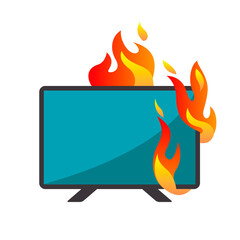 Burning TV icon. Television on fire vector symbol