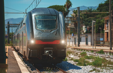 Fototapeta premium Train arrives at regular rural train station in Italy.