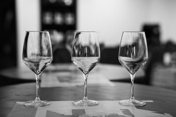 Empty wine glasses at the winery.