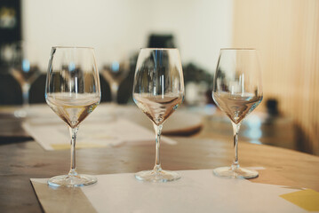 Empty wine glasses at the winery.