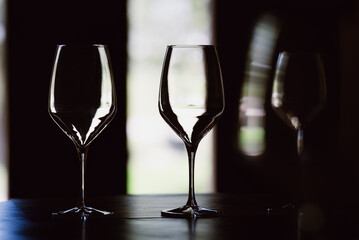 Empty wine glasses at the winery.