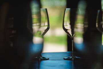 Empty wine glasses at the winery.