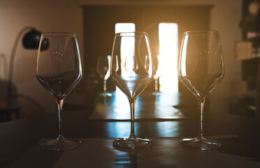 Empty wine glasses at the winery.