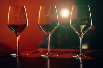 Empty wine glasses at the winery.