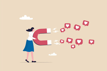 Social media marketing, SNS or social network service, influencer or online advertising, customer engagement to attract user like concept, woman online influencer using magnet to draw love symbols.