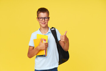 Portrait of a schoolboy in glasses with textbooks and a backpack on a yellow background showing ok...